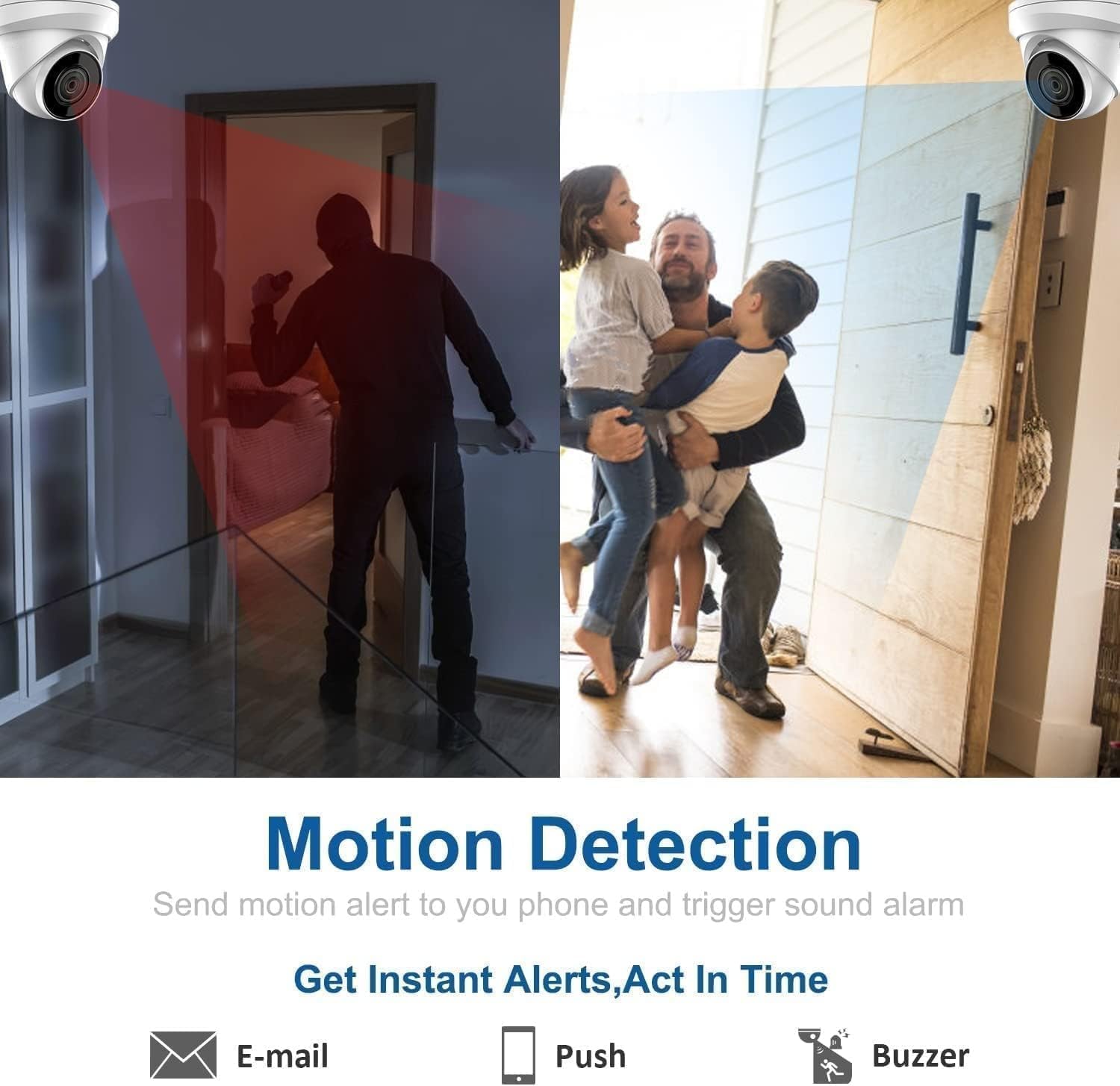 Image depicting motion detection with a person entering a room and a family being safe, with icons for email, push, and buzzer alerts