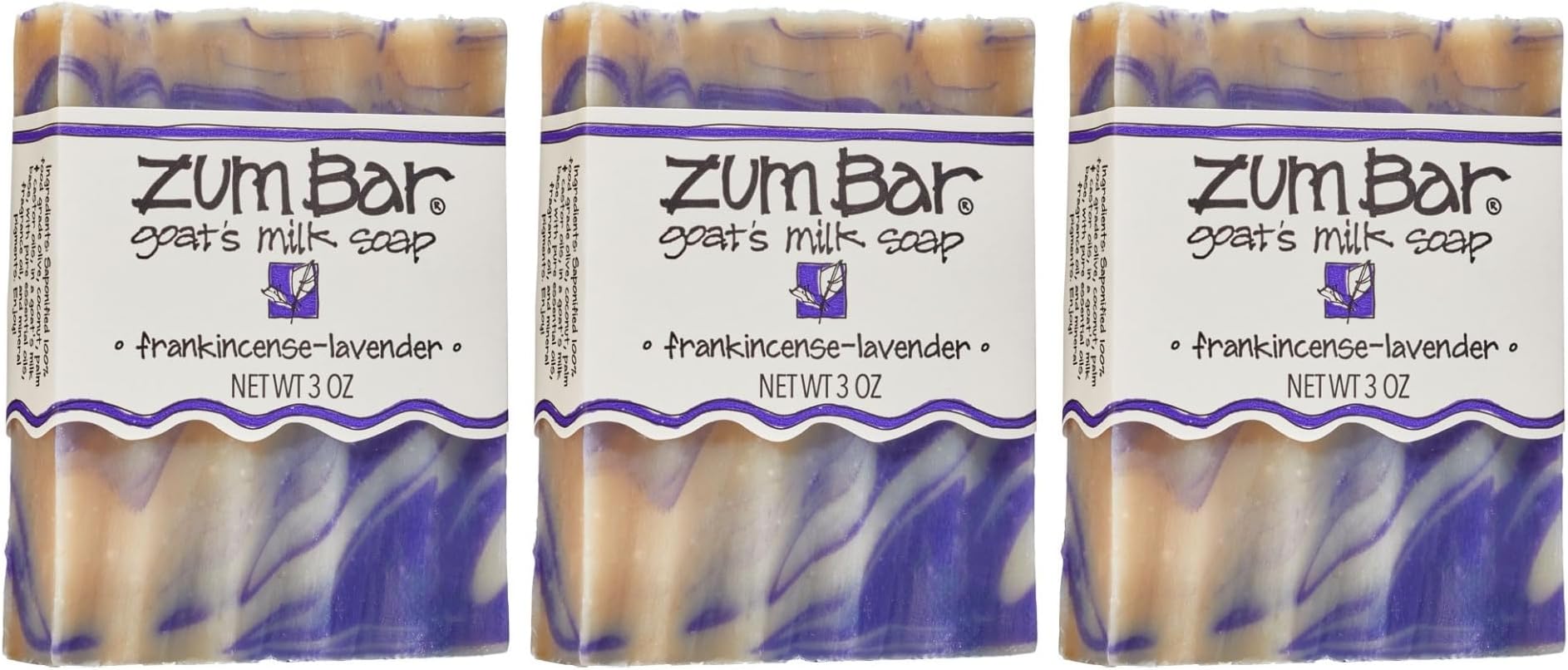Zum Goat's Milk Soap Bar - Bar Soap for Hands & Body Made with Essential Oils - 3 oz - Frankincense-Lavender (3 Pack)