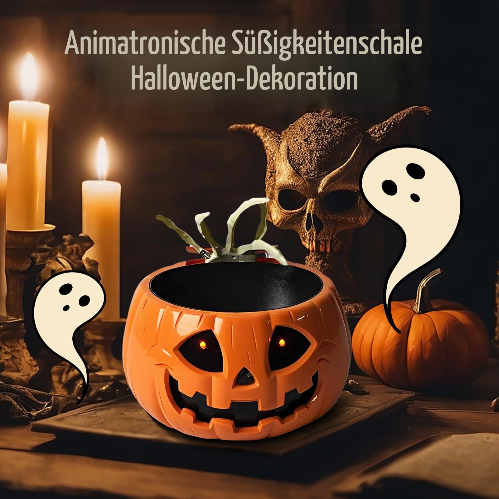 Baoblaze Halloween-Kürbis-Bonbonschale, animierte Halloween-Totenkopfschale, gruselige Requisiten, realistisch mit beweglicher Skeletthand für die