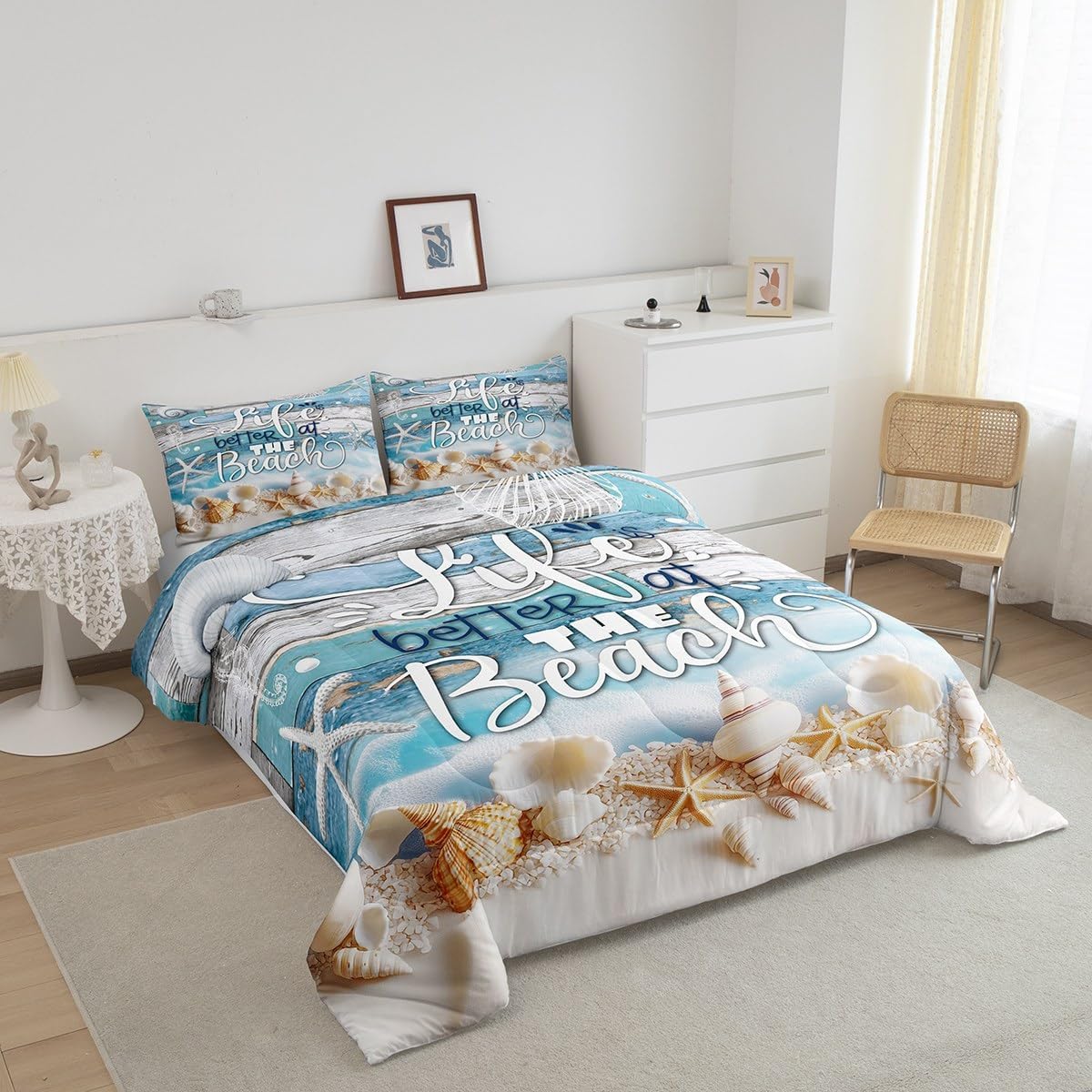 Erosebridal Ocean Comforter Set Full Size for Kids Boys Girls Life Better at The Beach Comforter Set Hawaiian Shell Starfish Comforter Blue Rustic Farmhouse Wooden Bedroom Decor Soft Blue Quilt