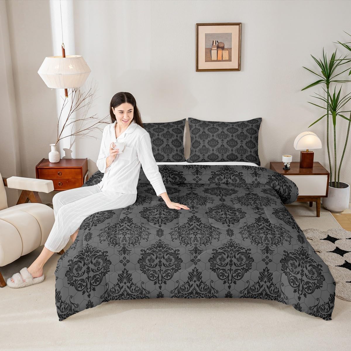 jejeloiu Damask Pattern Kids Comforter Set Queen Size Jacquard Bedding Set Floral Printed Duvet Quilt for Kids Boys Girls Bedroom Boho Damask Print Decor Microfiber Ultra Soft Breathable