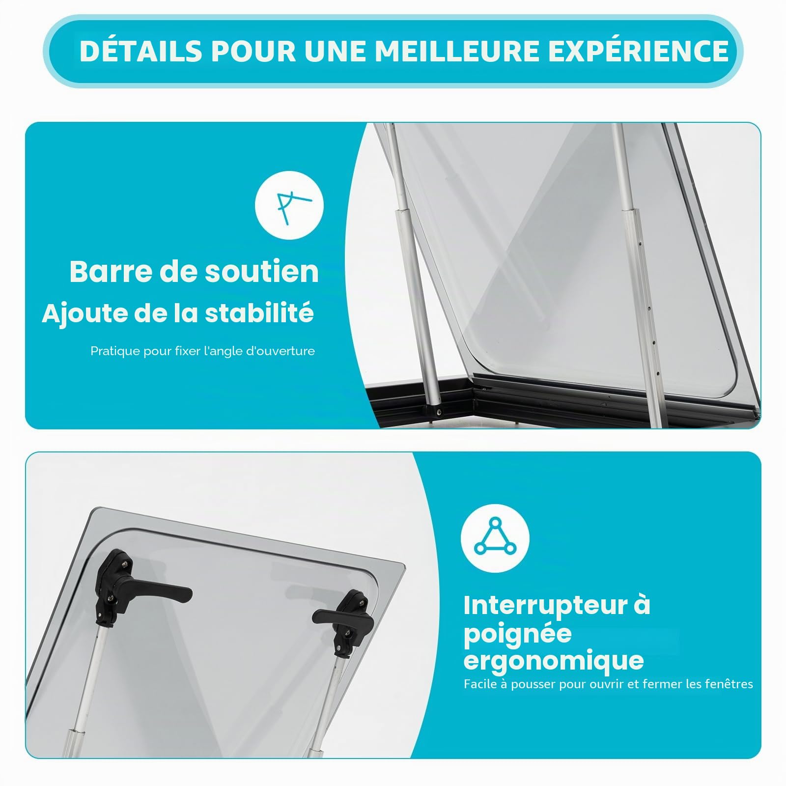 Fenêtre latérale pour caravane, 45x50 cm, fenêtre escamotable à ouverture pousser-tirer avec protection contre les insectes, protection visuelle, store occultant, pour caravanes, camping-cars et
