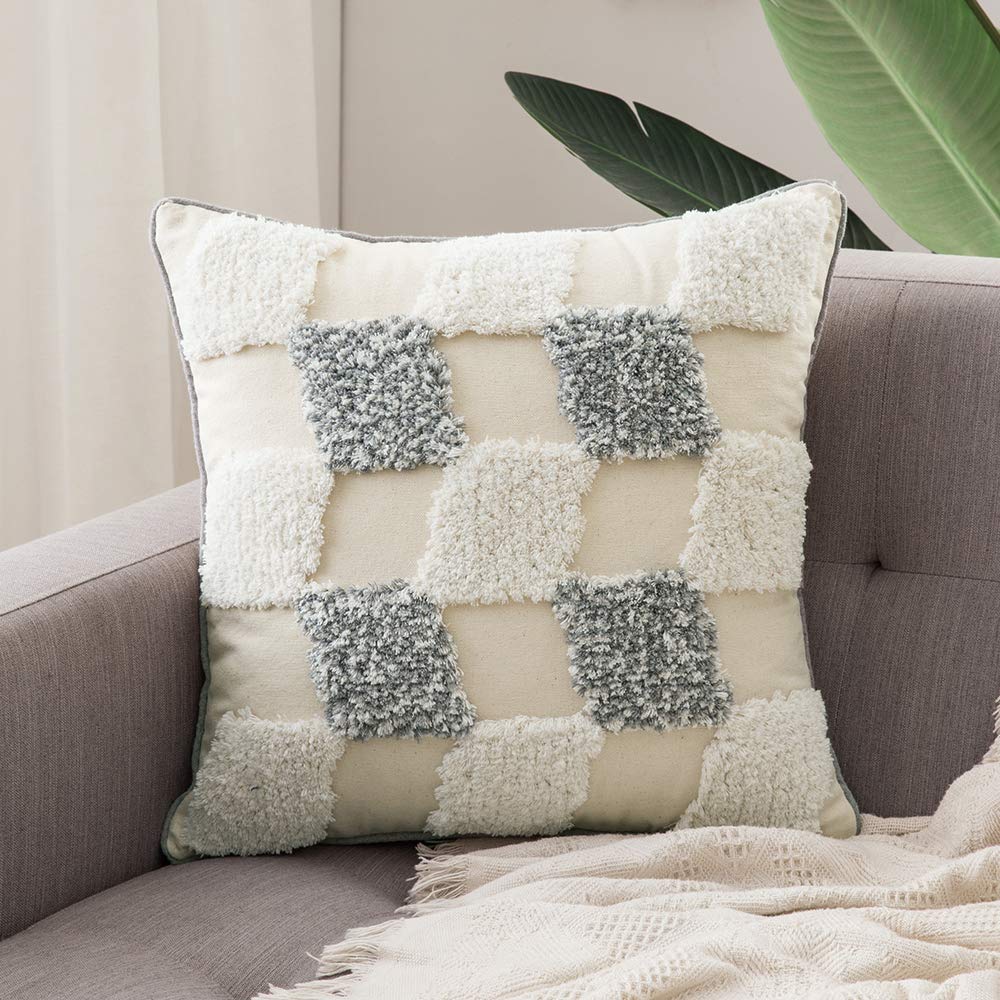 MIULEE Decorative Throw Pillow Cover Tribal Boho Woven Tufted Pillowcase Checker Pattern Super Soft Pillow Sham Cushion Case for Sofa Couch Bedroom Car Living Room 18X18 Inch Grey White