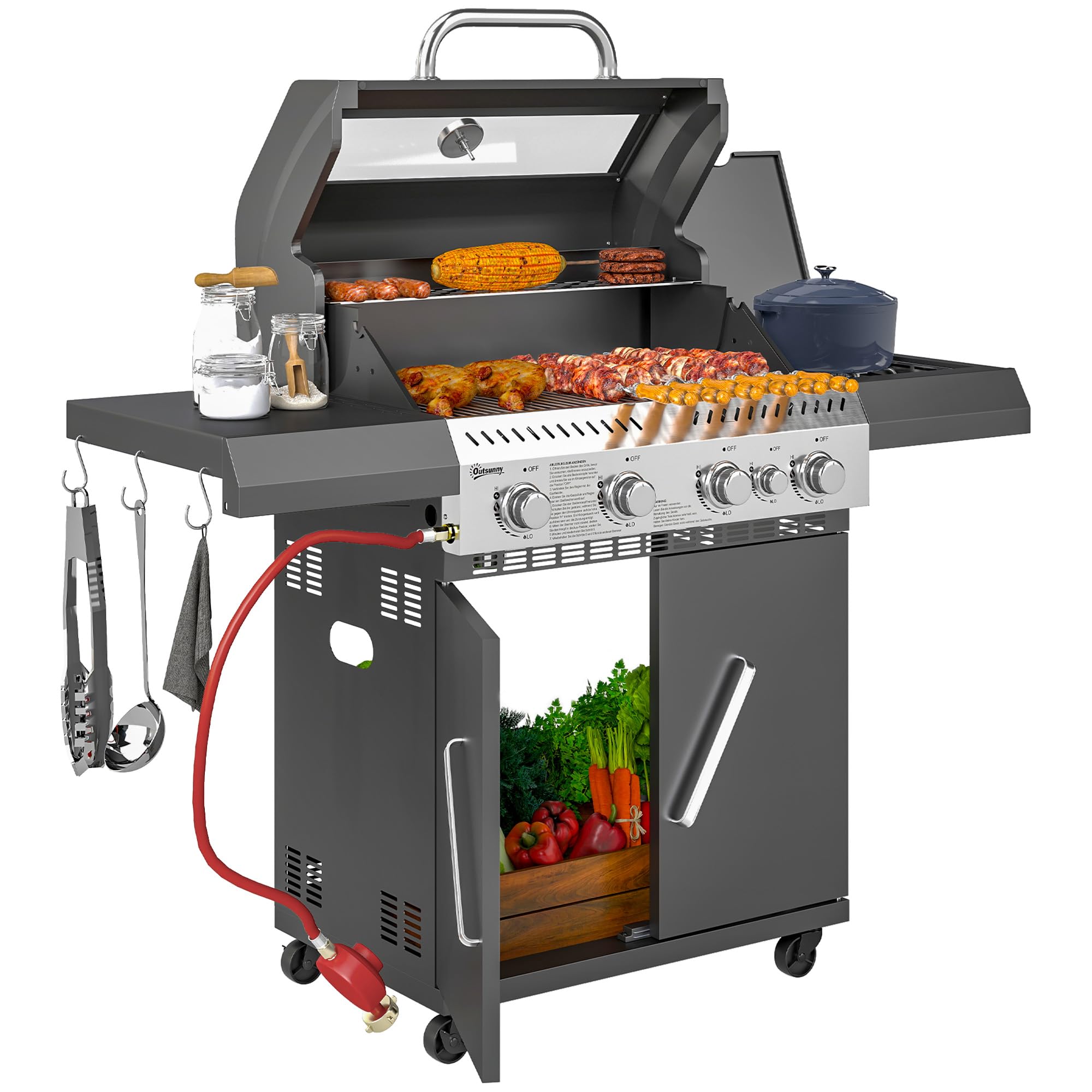Outsunny Black 4+1 Burner Gas Bbq Grill With Clear View Lid, Thermometer, - Steel, Abs, Stainless Steel - 135W X 54D X 110H Cm