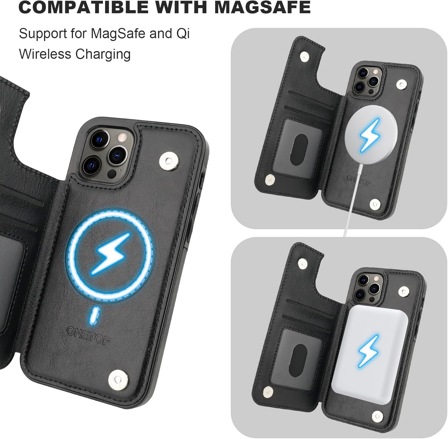 ONETOP Compatible with Magsafe for iPhone 12/12 Pro Wallet Case with Card Holder, PU Leather Kickstand RFID Blocking Case, Double Magnetic Clasp and Durable Shockproof Cover 6.1 Inch (Black) - Image 5