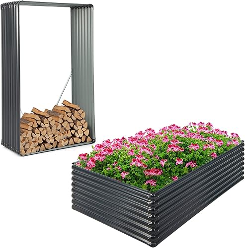 Miniatura 4 de Giantex 2 camas de jardín elevadas galvanizadas, 5.9 x 3.6 x 1.7 pies, caja de maceta de metal y estante de leña, cama rectangular de acero elevada,