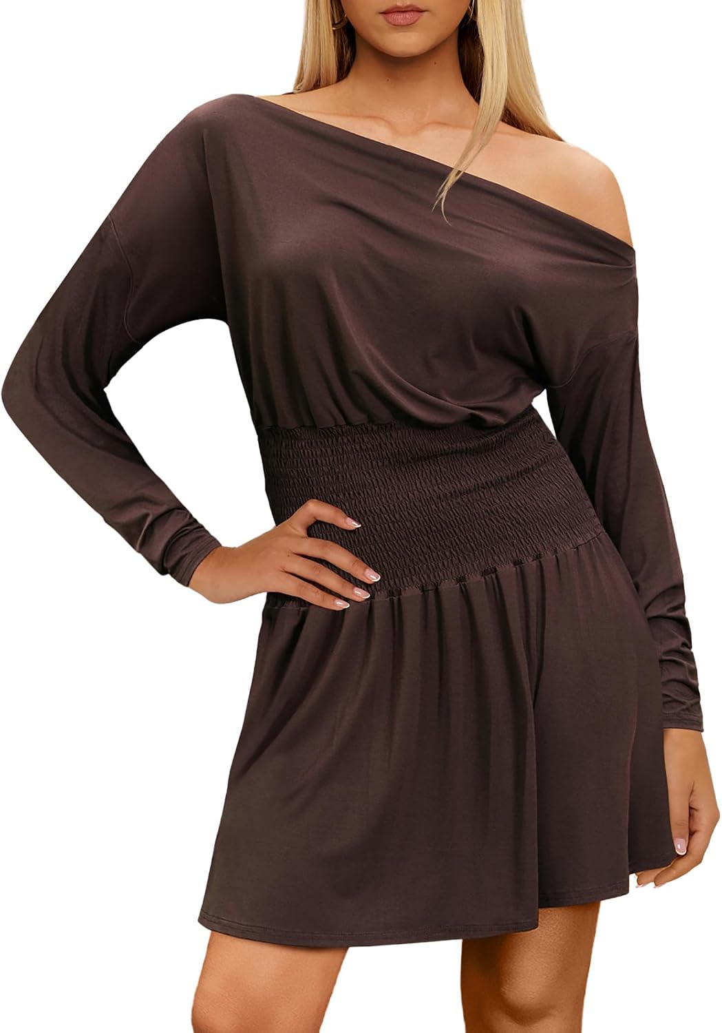HYPERFIRE Women's Asymmetrical Off The Shoulder Dress Smocked Long Sleeve Flowy Dresses Going Out