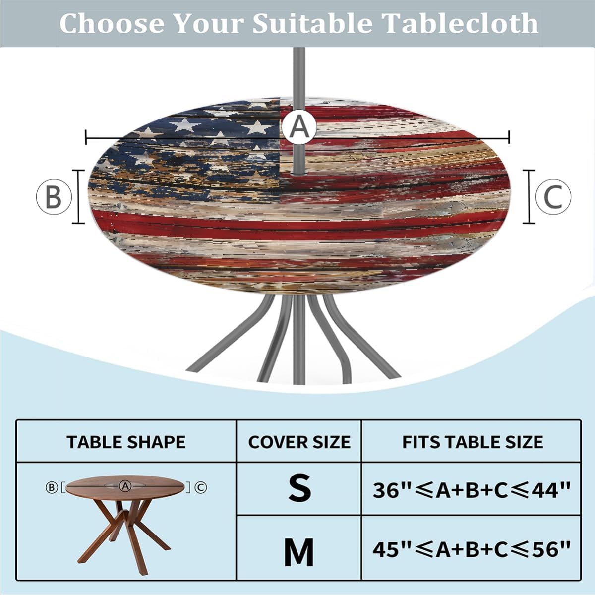 Old Wooden American Flag Outdoor Tablecloth with Umbrella Hole, Round Elastic Fitted Table Cloth with Zipper, Waterproof Picnic Patio Table Covers Fits 45-56 in Tables