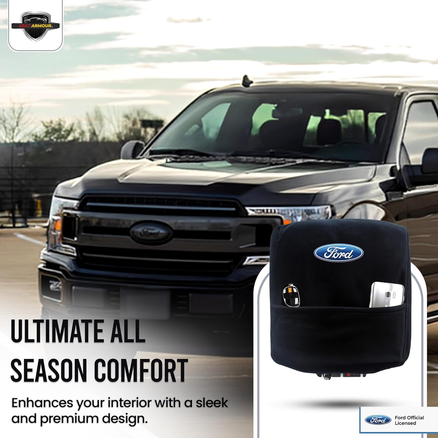 Premium Console Armrest Cover for Ford F-150 Bucket Seat 2015-2021 – Soft, Machine Washable Console Lid Protector – Easy to Install, Plush & Durable – Black