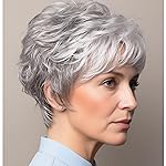 XIUFAXIRUSI XIUFAXIRUSI Grey Curly Pixie Wigs for White Women Short Fluffy White Hair with Bangs Natural Synthetic Heat Resistant Wig