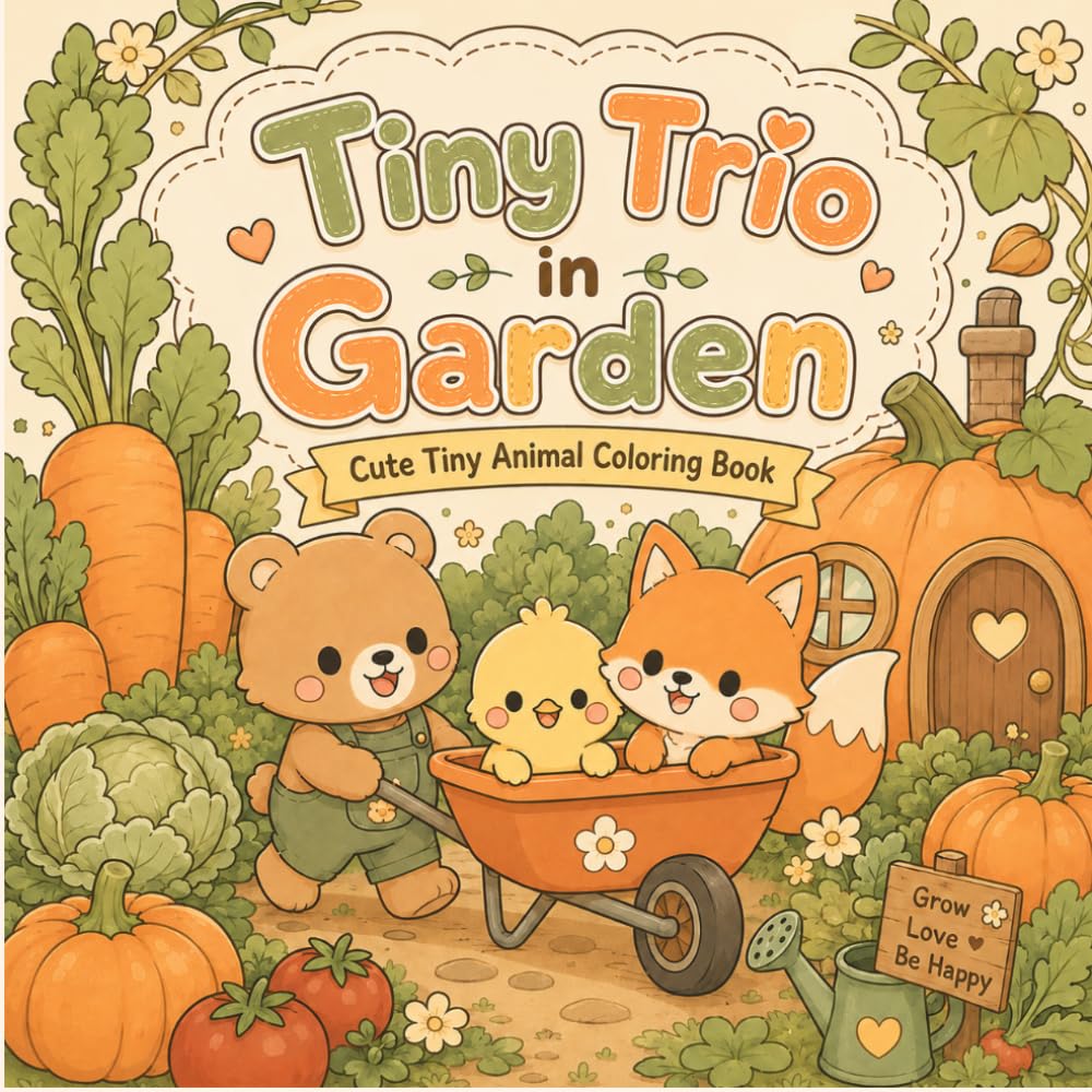 Tiny Trio in Garden: Cozy Activities of Tiny Animals,A Cute and Relaxing Coloring Book for Adults and Teens