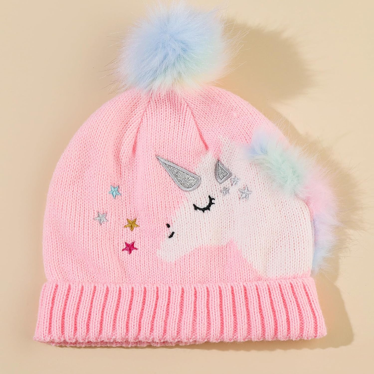 Toddler Kids Girls Winter Knit Unicorn Beanie Hat and Gloves Set with Pom Pom Age 2-8 Yrs