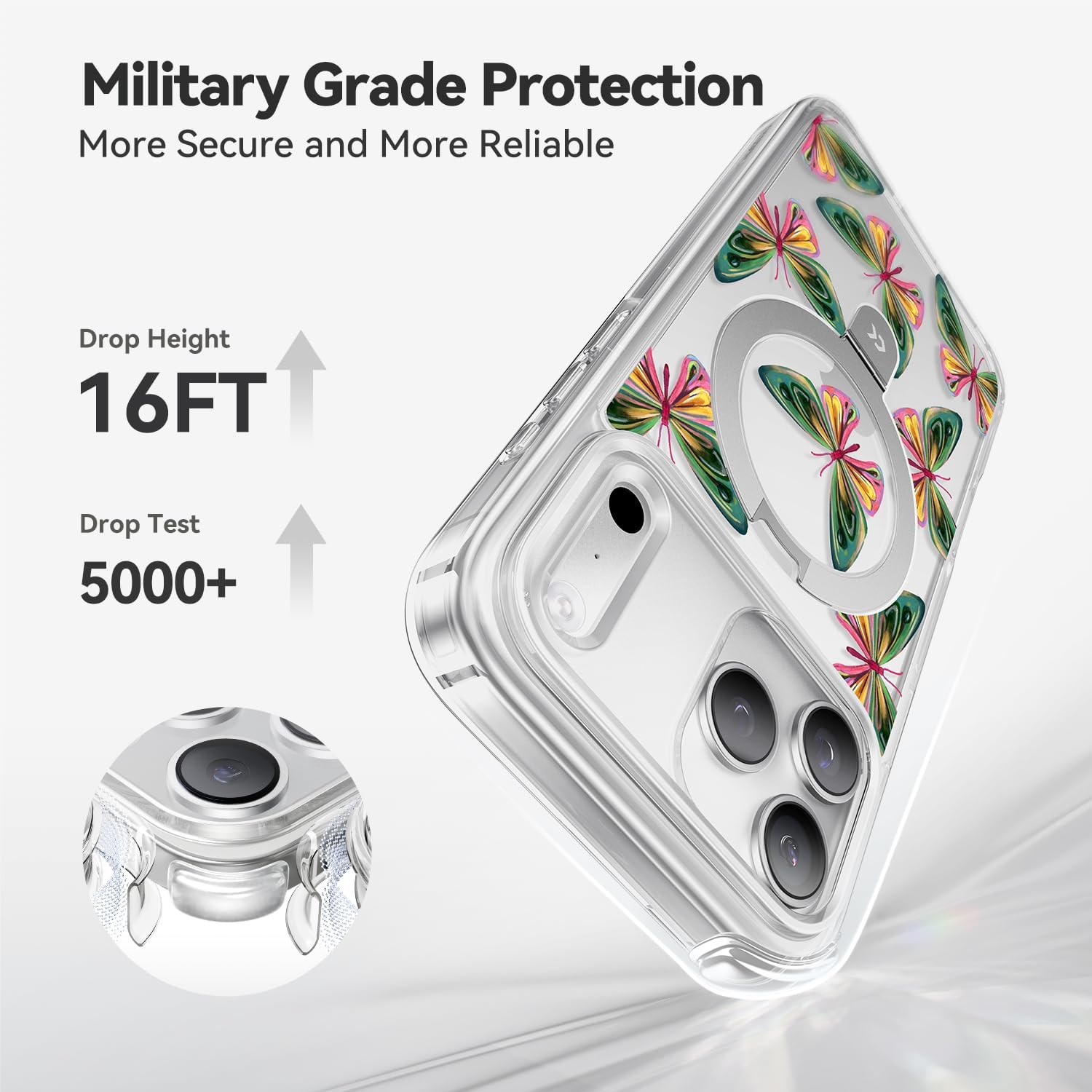 CASEKOO Floral Series Dancing Butterfly for iPhone 17 Pro Max Case with Magnetic Ring Stand [Compatible with MagSafe] [Military-Grade Protection] Fashion Clear Back, Soft Edge, for Women - Image 5