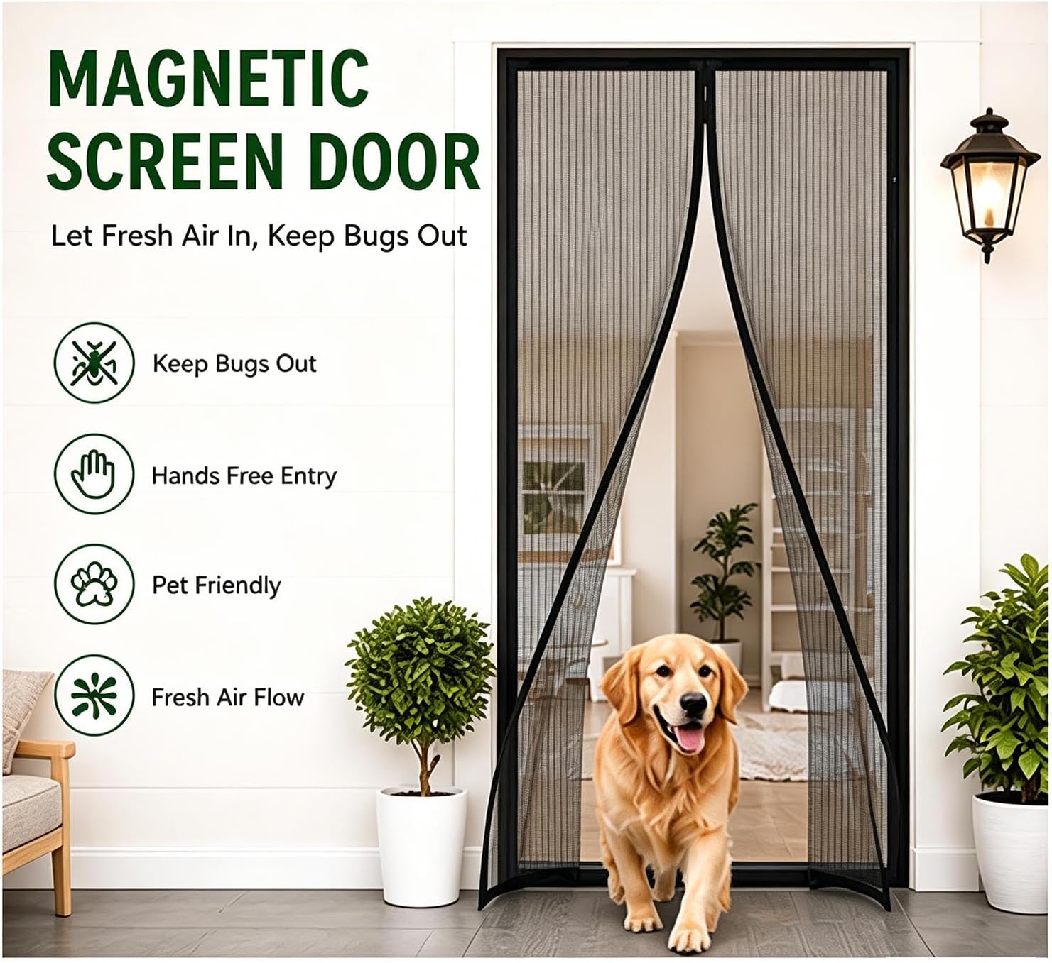 Premium Magnetic Screen Door, Heavy-Duty Reinforced Mesh Curtain Fits Door Size 35 x 82 Inch, Smooth Auto-Close Entry Screen with Hook Loop and Tacks（Black）