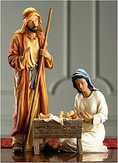 Three Kings Gifts Holy Family Joseph, Mary, Jesus with Manger, Polystone Flat Bottom Base for Stability, Home Decorating Christmas Nativity Scene Sets & Figures, 3-Pieces, For 10 inch Scale Collection