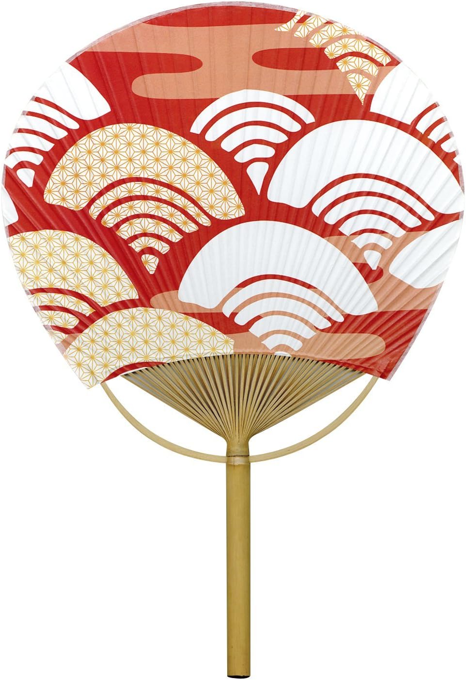Shikoku Group Fan, Hemp Leaves, Blue Sea Wave, Red, Approx. 11.0 x 16.1 inches (28 x 41 cm)