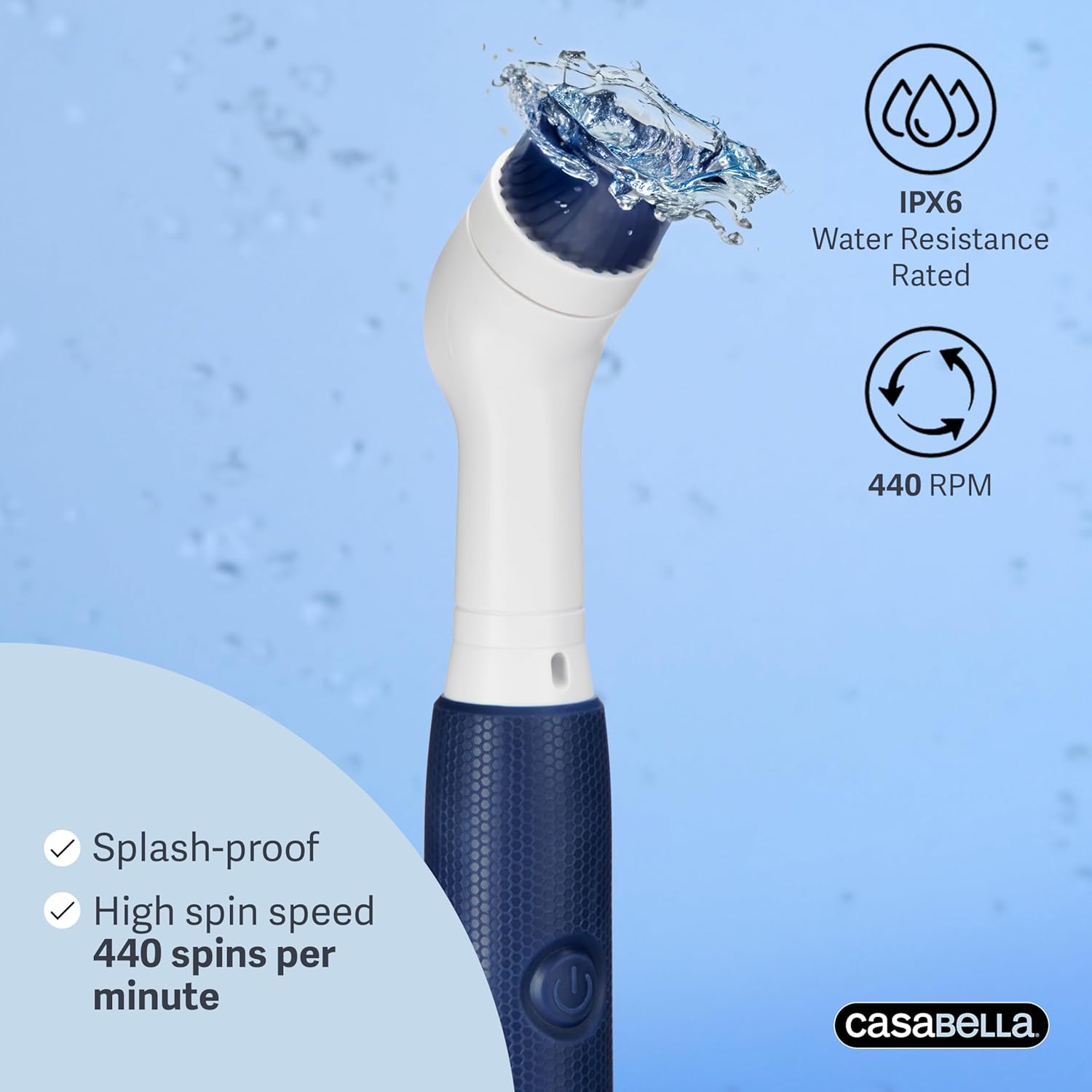 Casabella Handheld Spin Detail Scrubber, AA Battery Powered, 3 Brush Heads, White