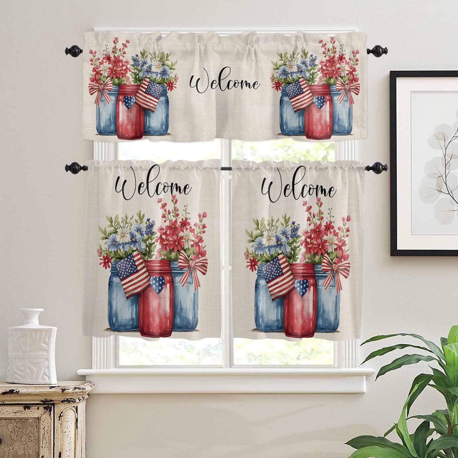 4th of July Kitchen Curtains 36 Inch Length,3 Piece Rod Pocket Small Half Tiers and Valance Set,Spring Floral Red US Flag Rustic Independence Day Small Large Window Treatment Decor for Bathroom
