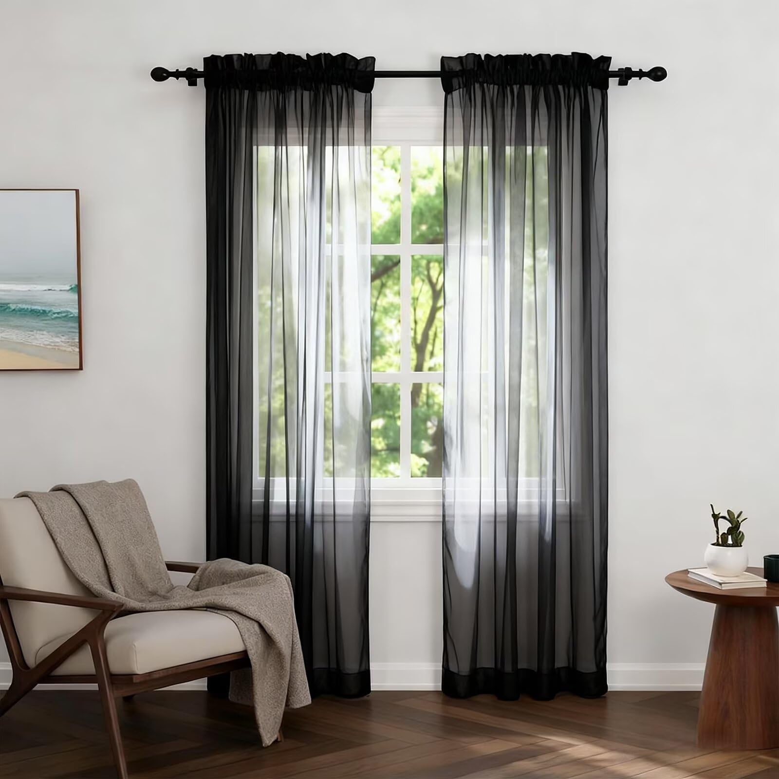 Zdada Net Curtains for Windows 84 Drop, Black Slot Top Voile Curtains, Semi Transparent Sheer Curtain Net Curtain Panel for Living Room Kitcken W60xL84 Inch,2 Panels