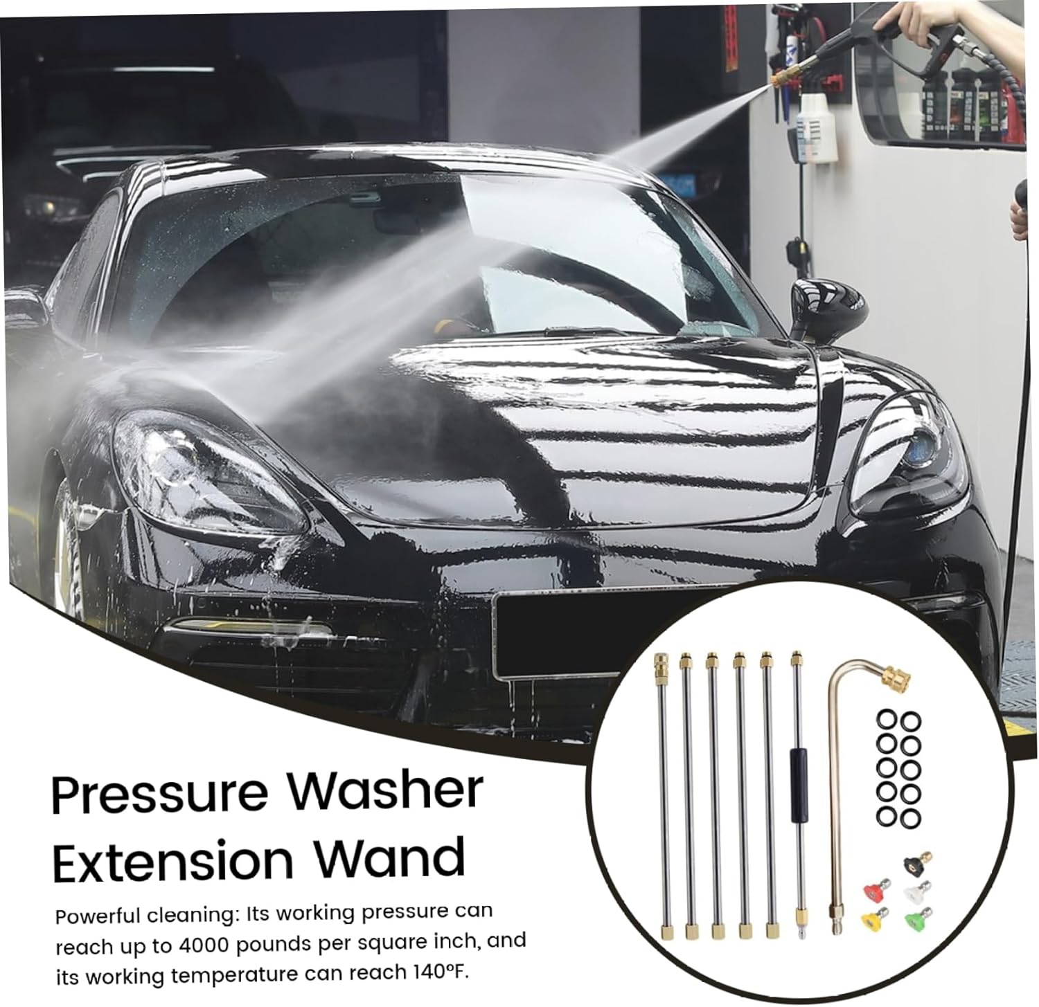 Pressure Washer Extension Wand, 4000 PSI Stainless Steel Power Washer Extension Wand, Lance with 5 Tips & 1/4" Quick Connect for Gutter & Roof