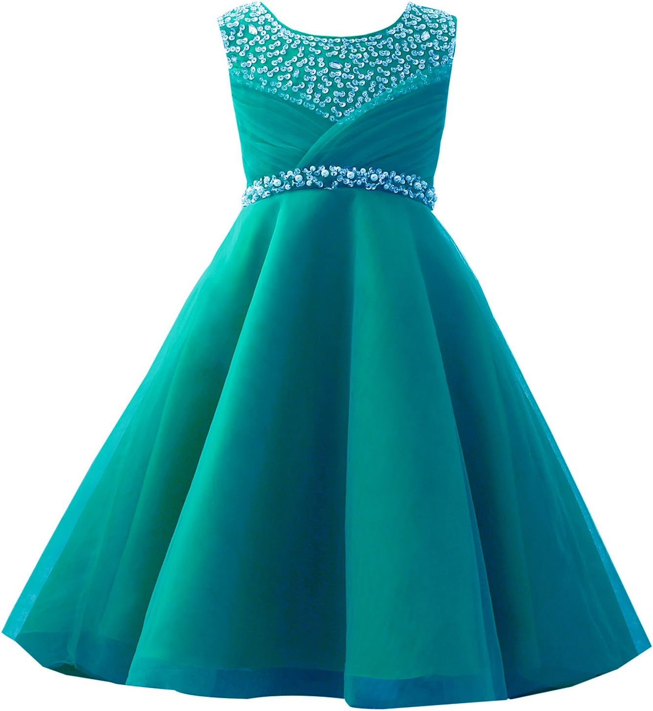 Girls' First Communion Organza Sequin Pearls Flower Girl Dress with Train