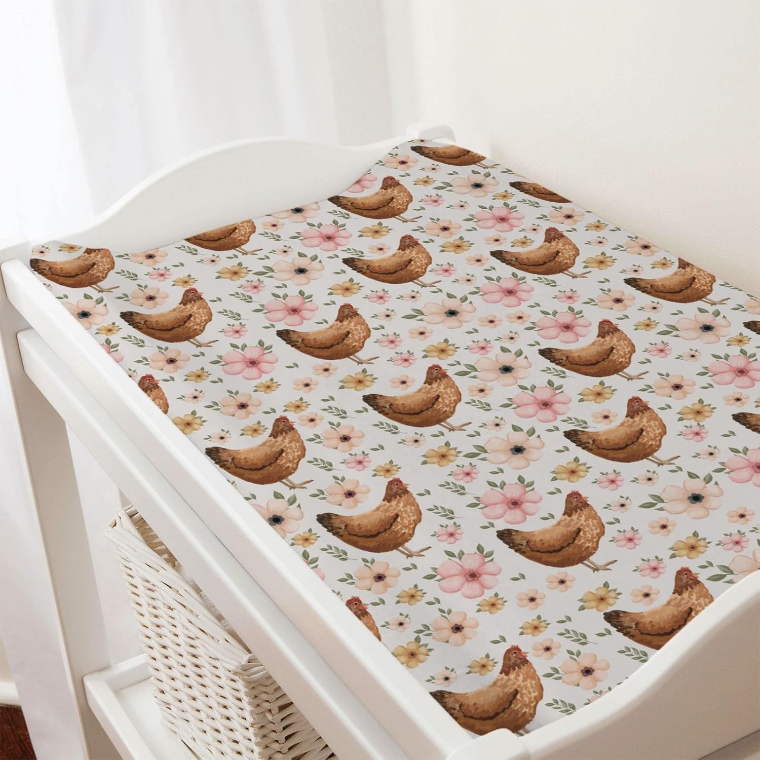 Vintage Hens Chicken Boho Floral Changing Pad Cover Farm Animals Change Table Pad Cover for Baby Boys Girls Soft Breathable Stretchy Snug Fitted Baby Diaper Changing Mat Sheets Cover 32''x16''
