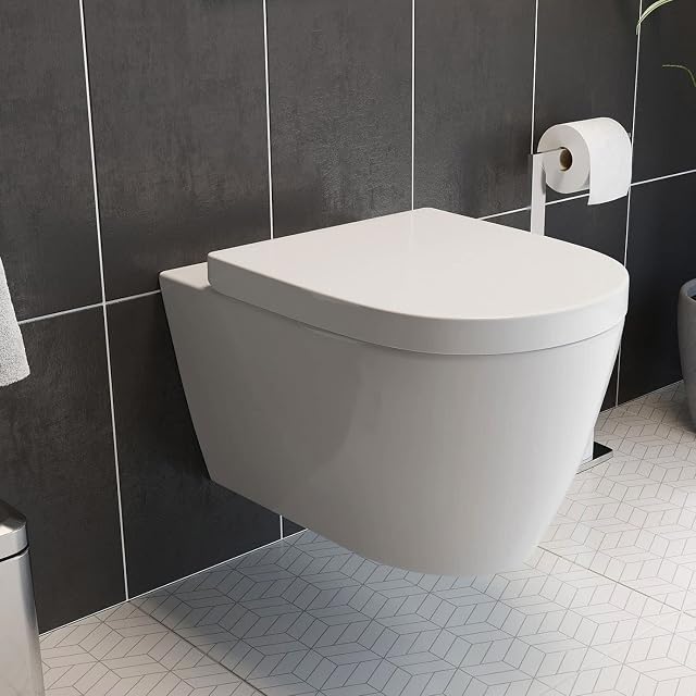Bathroom Wall Hung Toilet Pan Round WC Soft Close Seat White Modern
