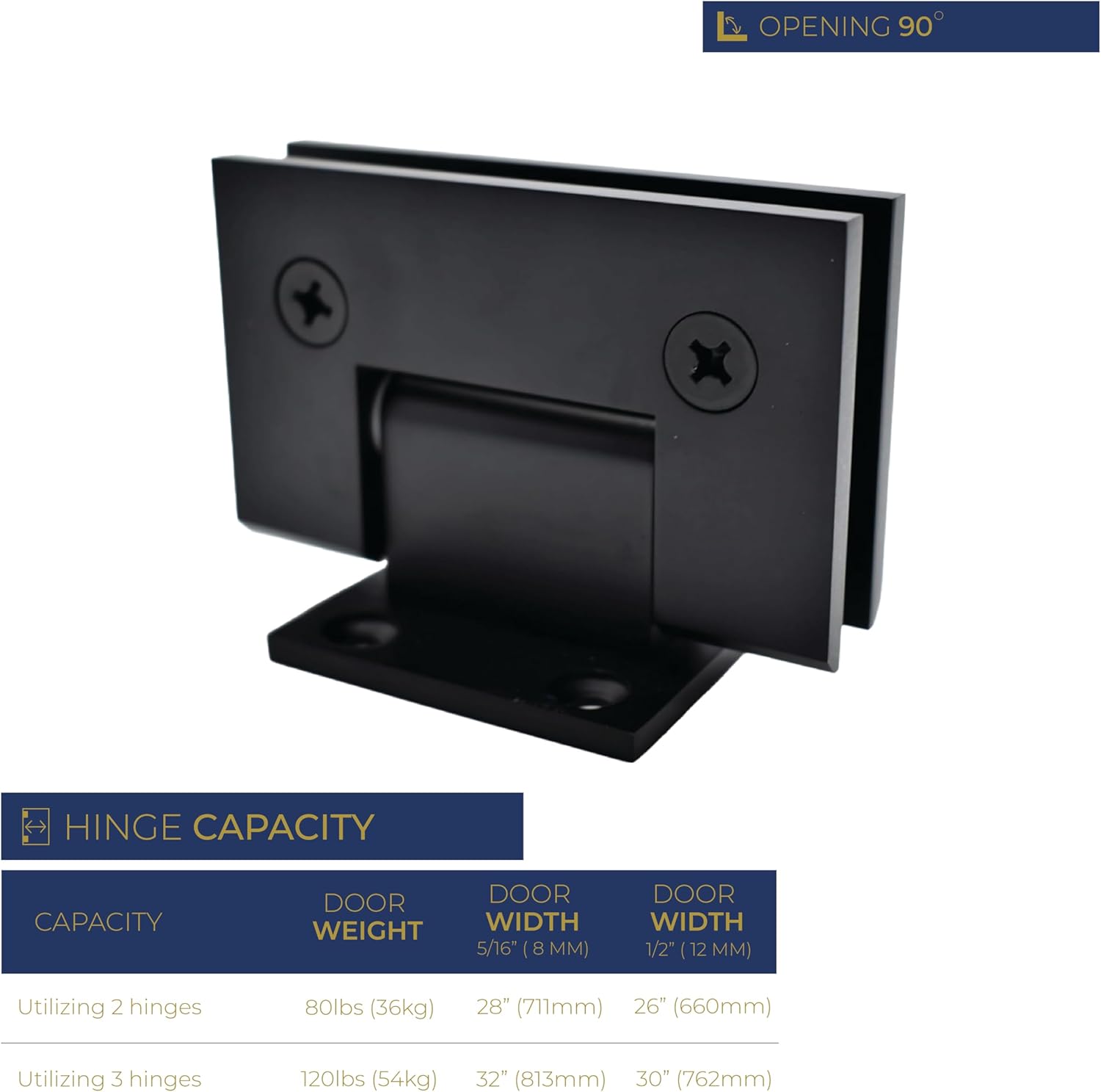 Shower Door Hinge - Short Back Plate, Matte Black Square Standard Wall to Glass Hinges, Fits 3/8" to 1/2" (10 to 12 mm) Glass, 90 Degree, Solid Brass, Bathroom Hardware Residential & Commercial Use