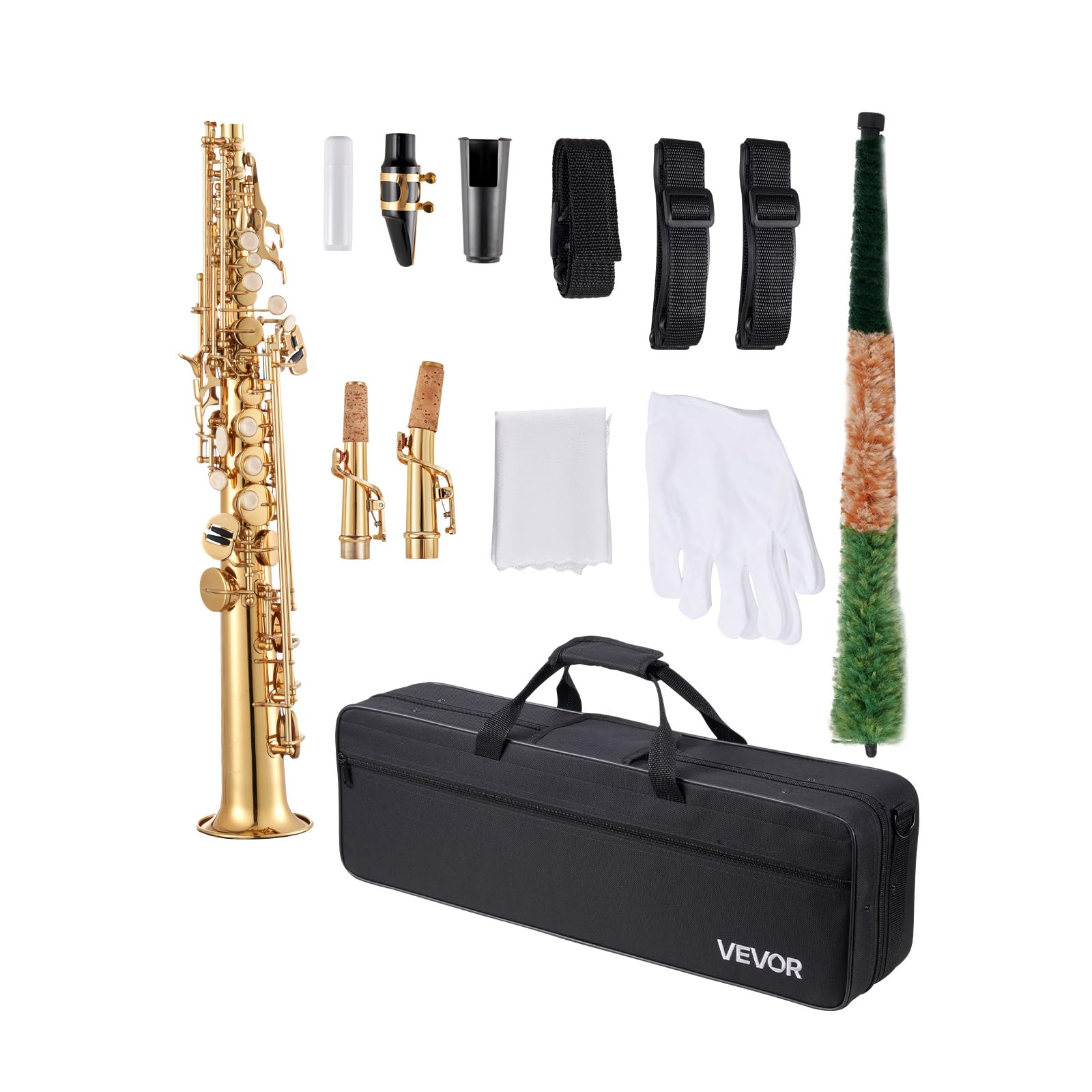 VEVOR Sassofono Soprano Dritto, Si Bemolle, Kit di Sassofono in Ottone a 23 Tasti per Principianti, con Custodia Trasporto, Bocchino, Asta per Panno di Pulizia, Guanti, Tracolla, Oro