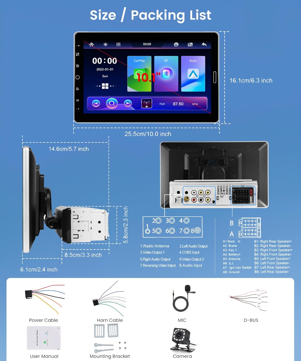 Diagram showing the dimensions of the car stereo and its packing list