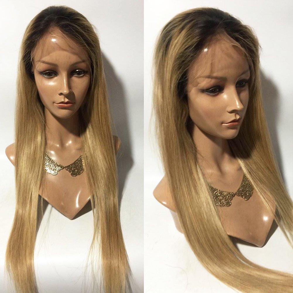 Hair Ombre Honey Blonde Color 1B 27 180 Density Glueless Full Lace Human Hair Wigs Brazilian Straight Dark Roots Lace Front Wig (24" Lace front wig)