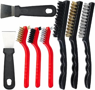 Wire Brush Set 8 Piece Heavy Duty Metal Curved Scraper Set，Nylon/Brass/Stainless Steel Bristles with Curved Handle Grip Perfect for Rust Dirt Paint Scrubbing Deep Cleaning