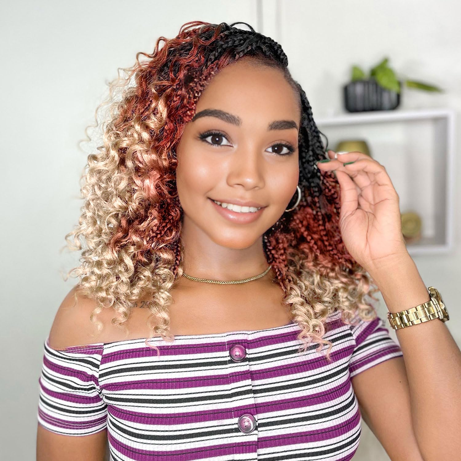 Yewell Goddess Box Braids Crochet Hair 10 Inch Boho Crochet Box-Braids With Curly Ends, 9 Packs Bohomian Box-Braid Crochet-Hair For Black Women Pre Looped Box Braiding (10Inch,1B/30/613)