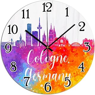 Germany Cologne City Skyline 12 Inch Silent Non Ticking Watercolor Art Cityscape Wall Clock Battery Operated Shabby Chic Wooden Wall Clock for Kitchen Farmhouse Office School