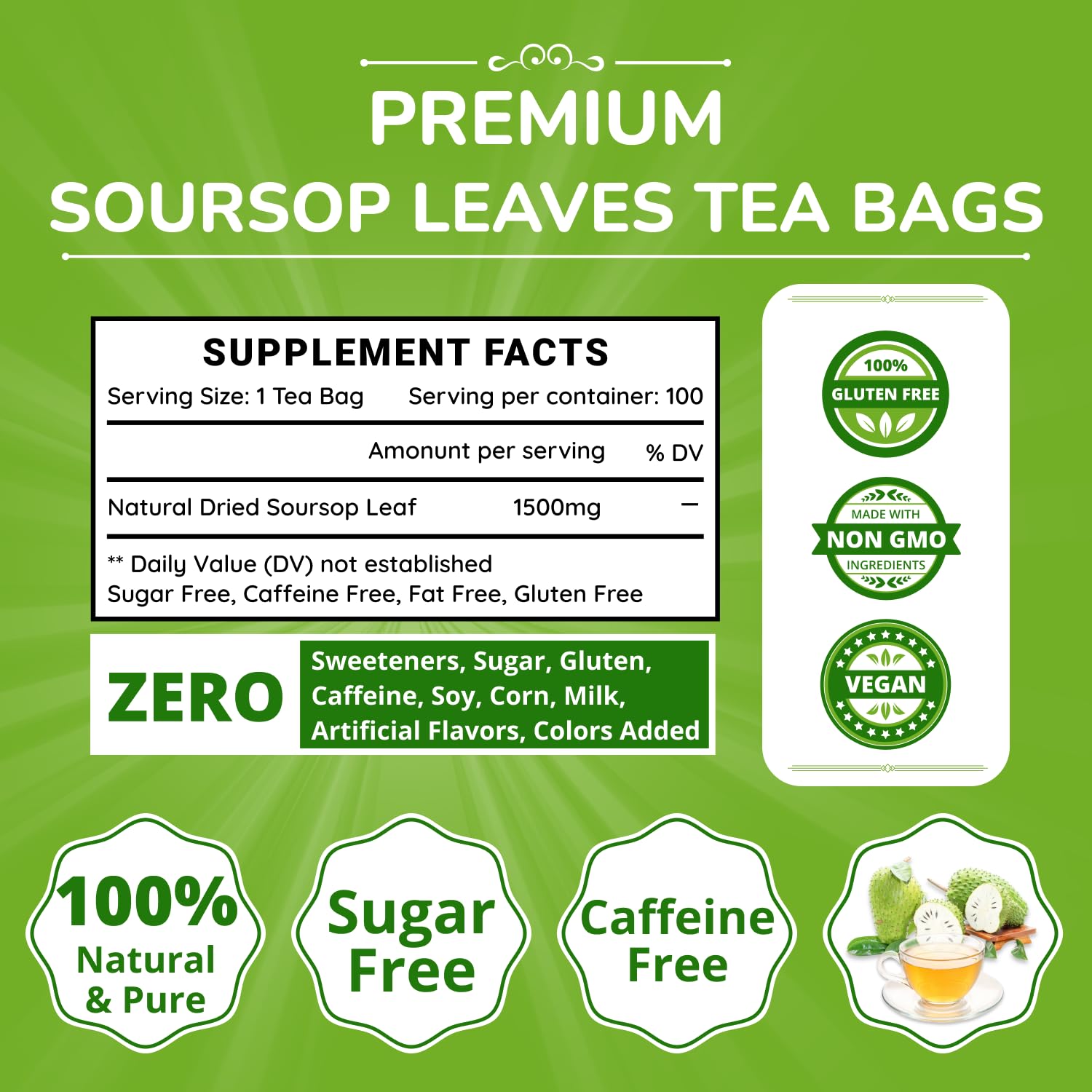 VIDA FARM 100 Soursop Tea Bags, 100% Natural Pure Soursop Graviola Leaves Tea Bags, Pleasant Taste, Natural Flavor, Caffeine Free, Guanabana Leaves Guyabano Tea - Image 2
