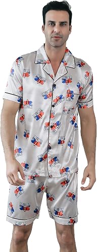 Men's Classic Silk Satin Pajama Set Short Sleeve Sleepwear Button Loungewear wit