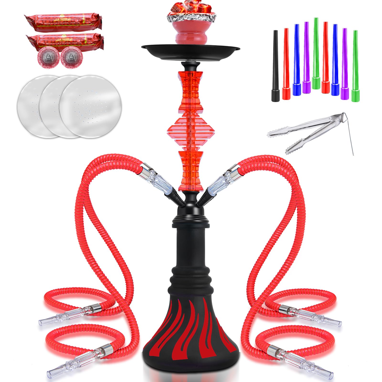 21 Hookah Set with Everything Premium Hookah Shisha set- Glass Vase 4 Hookah Hose Ceramic Bowl 50 Hookah