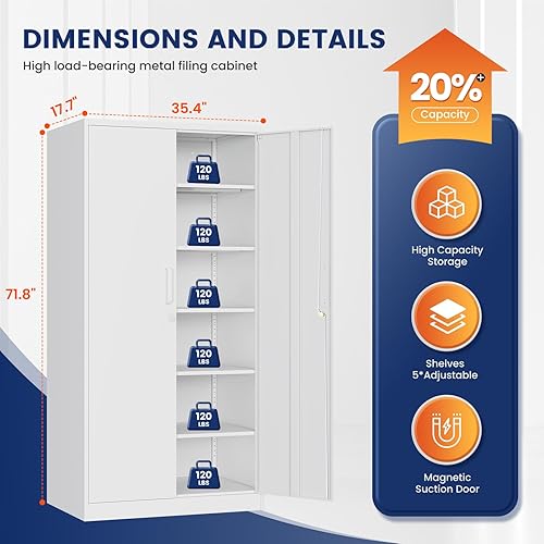 Miniatura 44 de Yizosh Armario de almacenamiento de metal para garaje con 2 puertas y 5 estantes ajustables, gabinete de archivo de acero con cerradura de 71 Negro