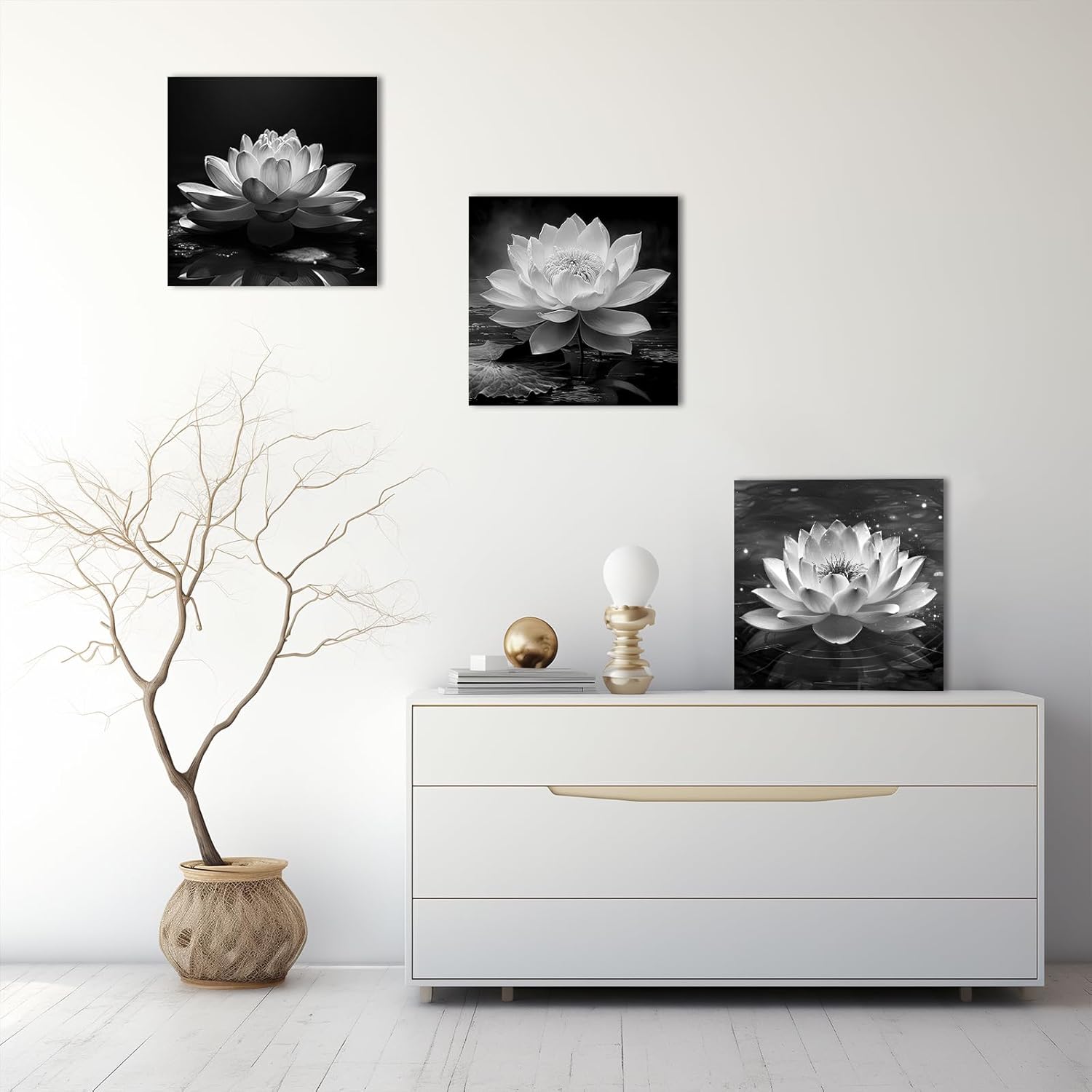 LZIMU Black White Zen Canvas Wall Art Blossom Lotus Picture Water Lily Prints Spiritual Artwork for Bathroom Meditation Yoga Spa Room Decor(Picture-3, (16.00" x 16.00"))