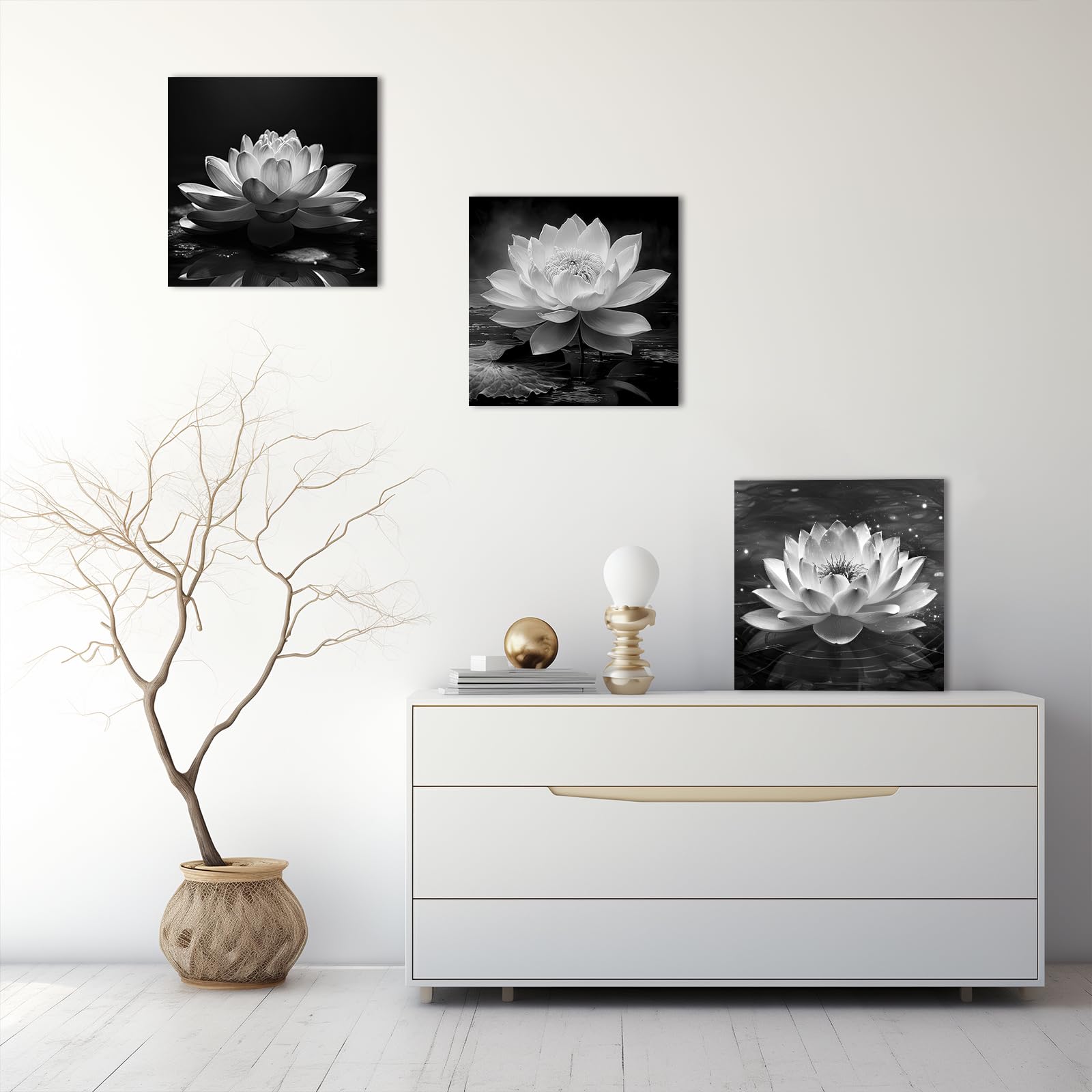 Quadro su Tela in Bianco e Nero con Motivo Zen, Fiori di Loto e ninfea, Stampe artistiche spirituali per Bagno, Meditazione, Yoga e Spa (Immagine 2, (45,75 cm x 45,75 cm))