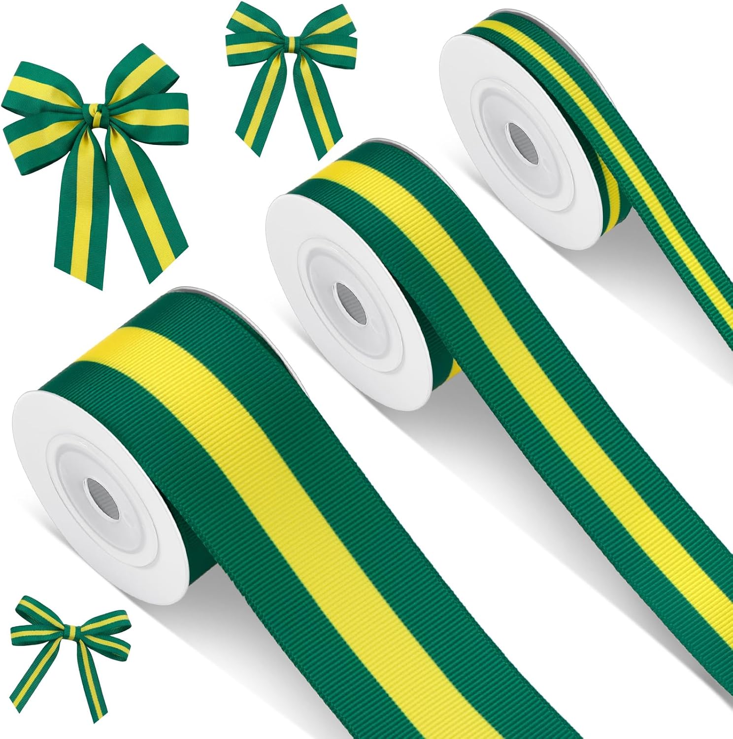 3 Rolls Green Gold and Yellow Stripe Grosgrain Ribbon Decorating Material Double Face Polyester Fabric Ribbons Roll for Christmas Home DIY Gift Wrapping Crafts, 0.4, 0.87, 1.5 Inch Wide, 15 Yard