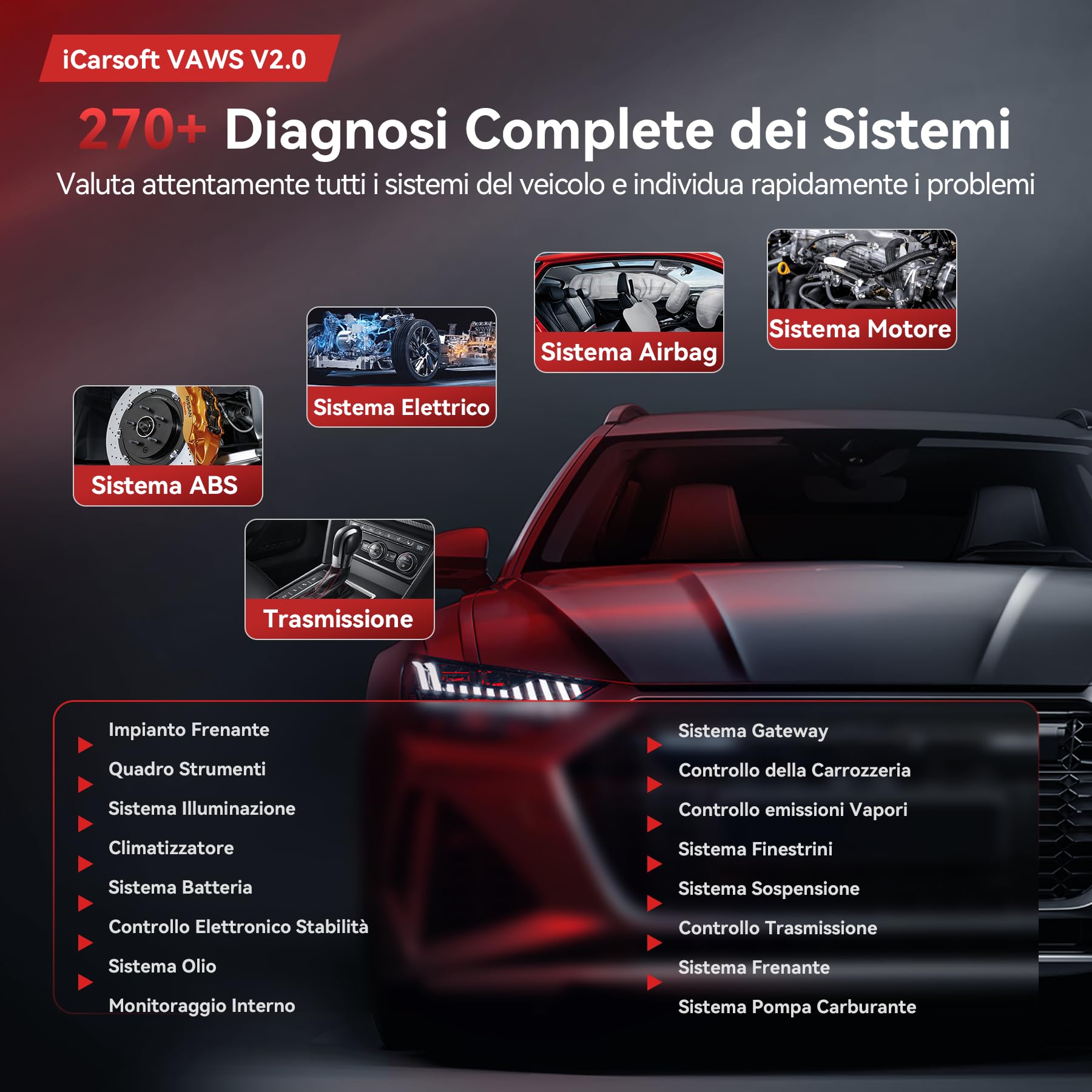 iCarsoft VAWS V2.0 OBD2 Auto Diagnostica per V.W/AU.di/Skoda/Seat, Diagnosi Auto in Italiano Tutti i Sistemi, 9 Funzioni di Ripristino, Olio/EPB/BMS/ETC/SAS/INJ/TPMS/DP-F/ABS, Aggiornamento a Vita