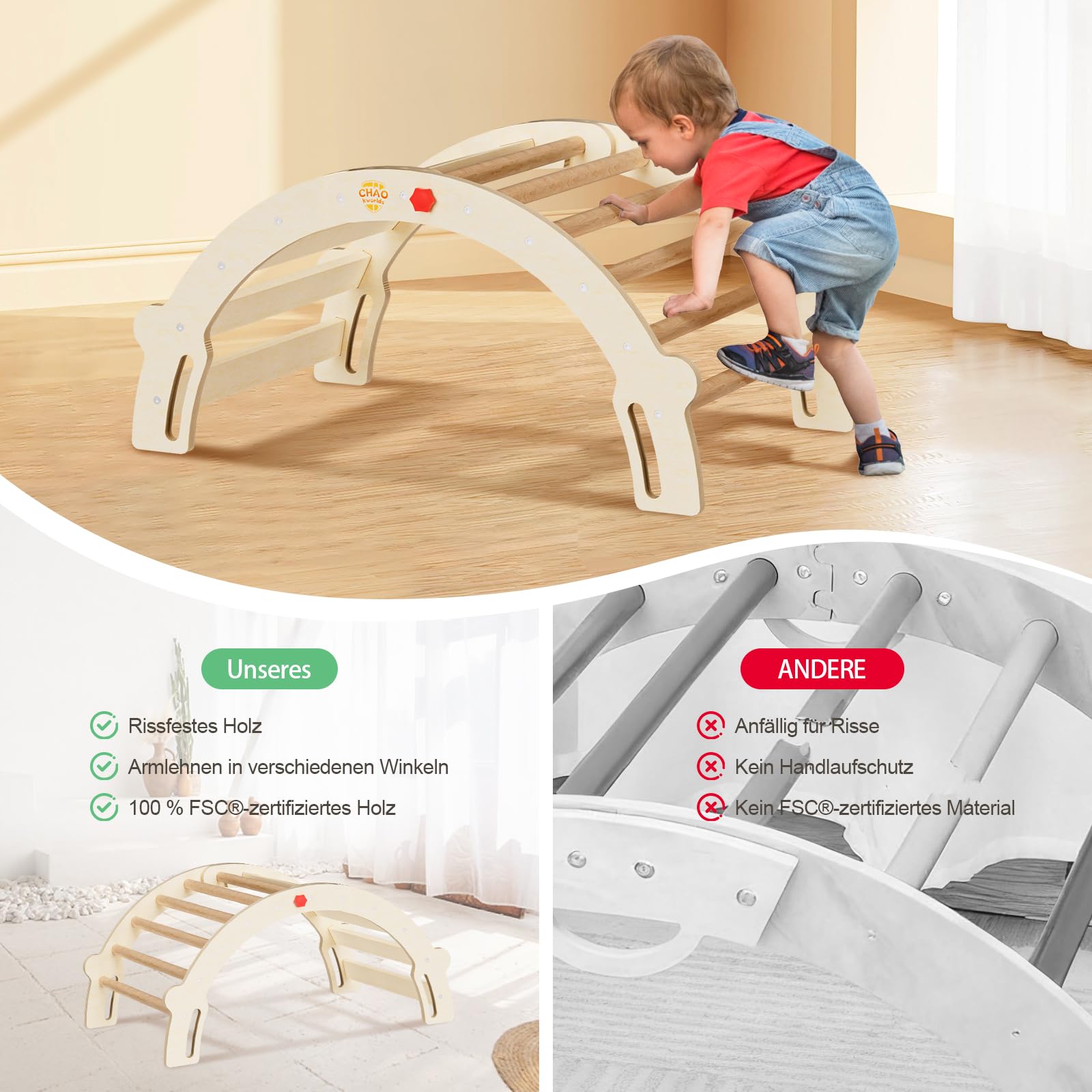Kletterbogen 2-in-1 Montessori Bogenwippe mit Kissen – Kletterspielzeug für Kleinkinder, Sensoriktisch und Klettergerüst