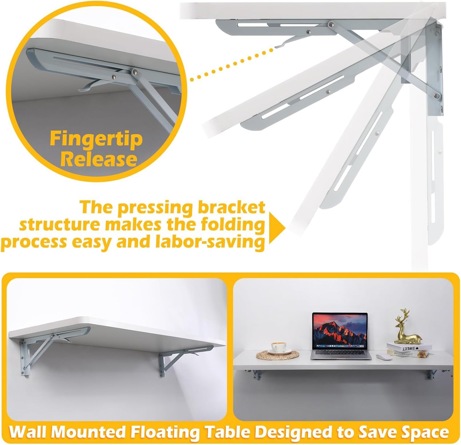 Foldable Laundry Folding Table - Wall Mounted Desk for Workshop, Garage, Home, Office, Kitchen, Dining Room - Space-Saving Floating Desk in White (40x20cm)