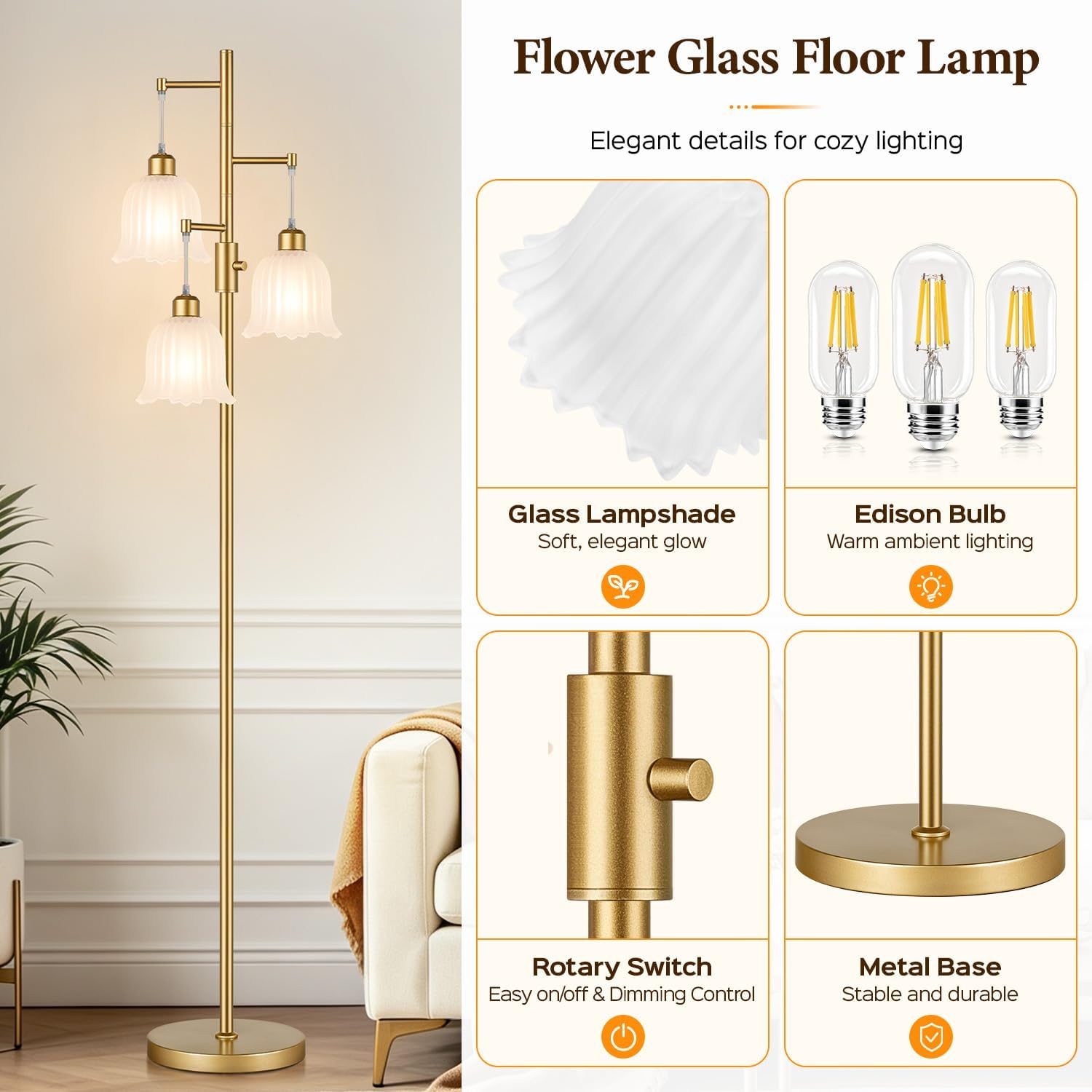 Dimmable Floor Lamp, 3 x 900LM Edison Bulbs Included, Modern Gold Tree Standing Lamp with Elegant Frosted Glass Flower Shade 3 Lights Vintage Floor Lamp for Living Room, Bedroom, Office thumbnail