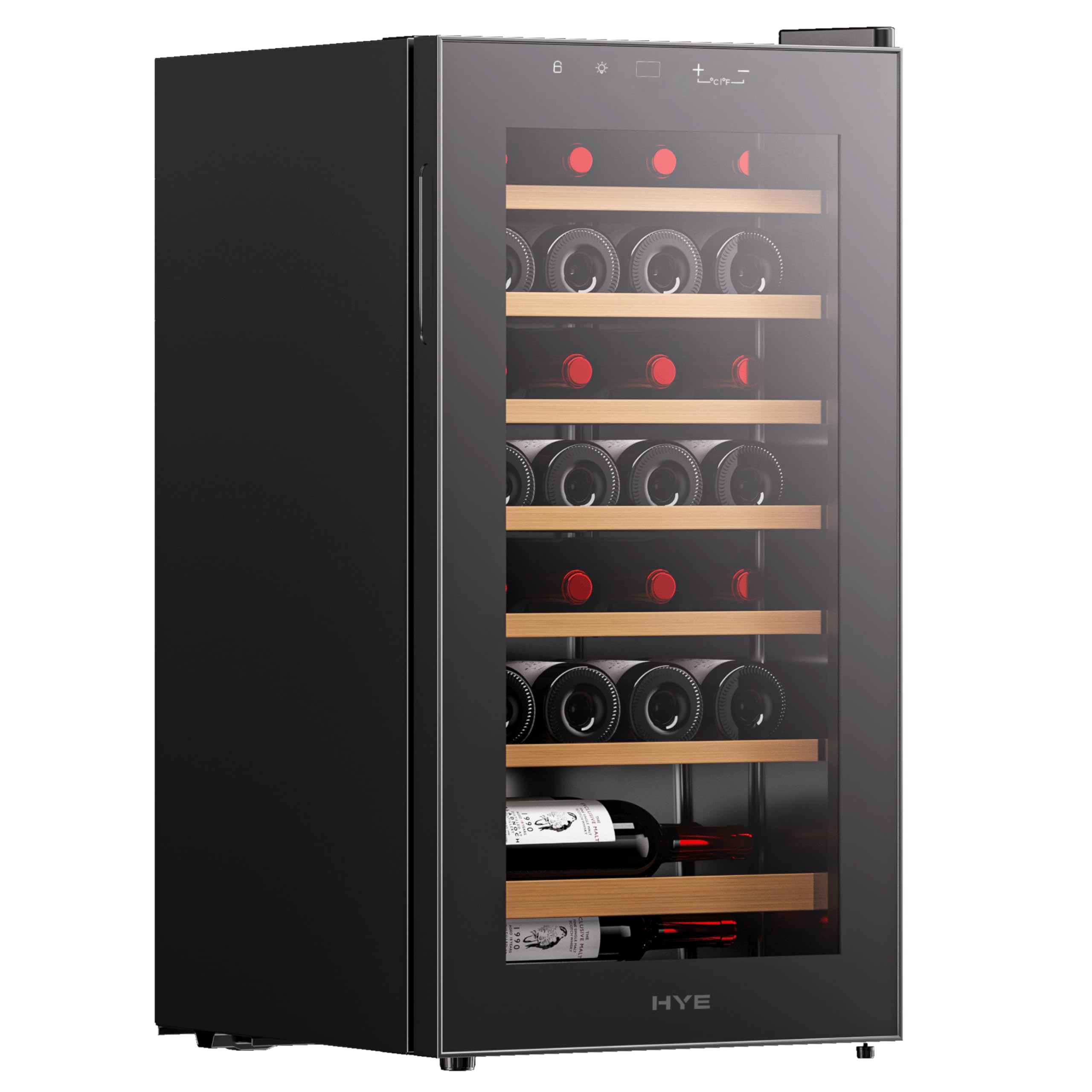 HYE Wine Cooler - Wine Fridge With 28 Bottle/88L Storage, 43CM Width, Wooden Shelves, LED Top Lighting, Temperature Range Adjustment, 40 dB Operation, Perfect For Collectors - RF01WC28B31 — view 2