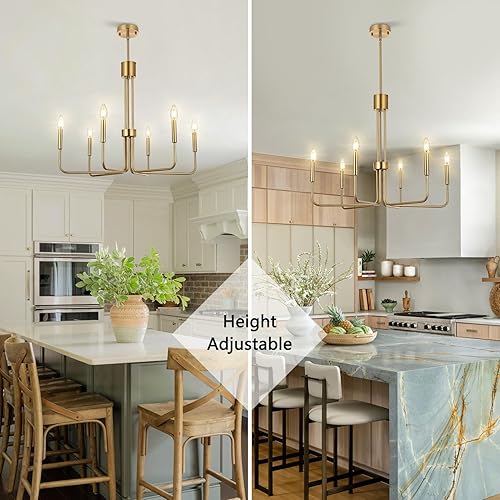 Miniatura 2 de Niloah Candelabro moderno dorado para comedor, 6 lámparas de araña de oro cepillado, lámparas de comedor sobre mesa de 28 pulgadas, altura ajustable