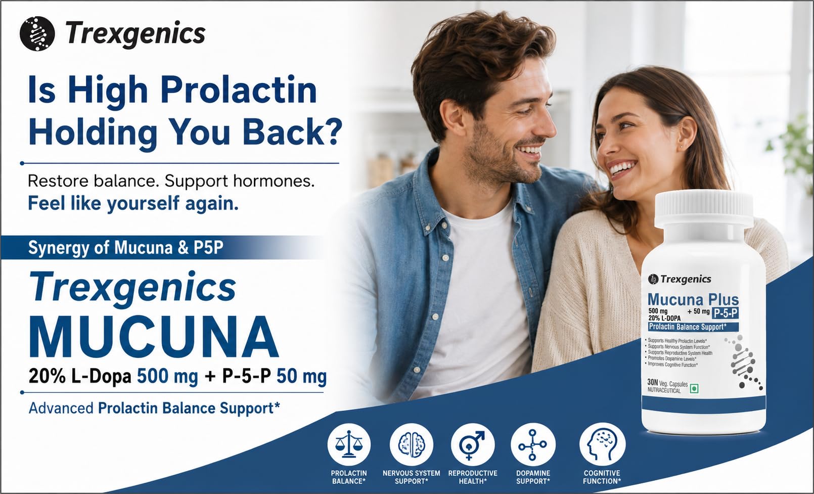 Trexgenics MUCUNA 20% L-DOPA 500 mg, P5P 50 mg Prolactin Support, Cognitive Function VEGAN & NON-GMO (30 Veg. Capsules) (Pack of 1) 1