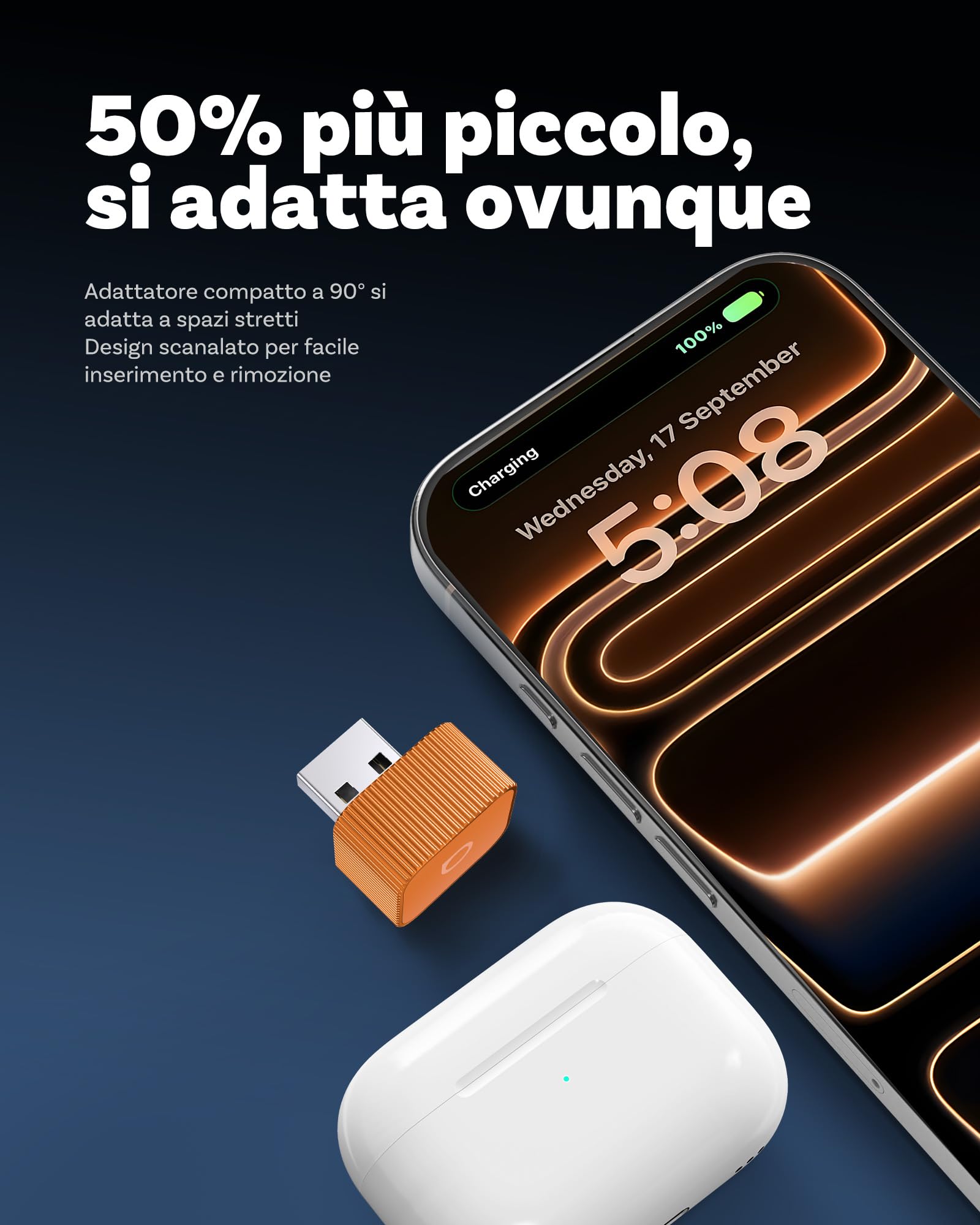 OTTOCAST MINI 3.0 Slim 2026 Adattatore CarPlay Wireless, 2-in-1 per iPhone & Android Auto, Converte CarPlay e Android Auto cablati in modalità senza fili, MINI Cube arancione