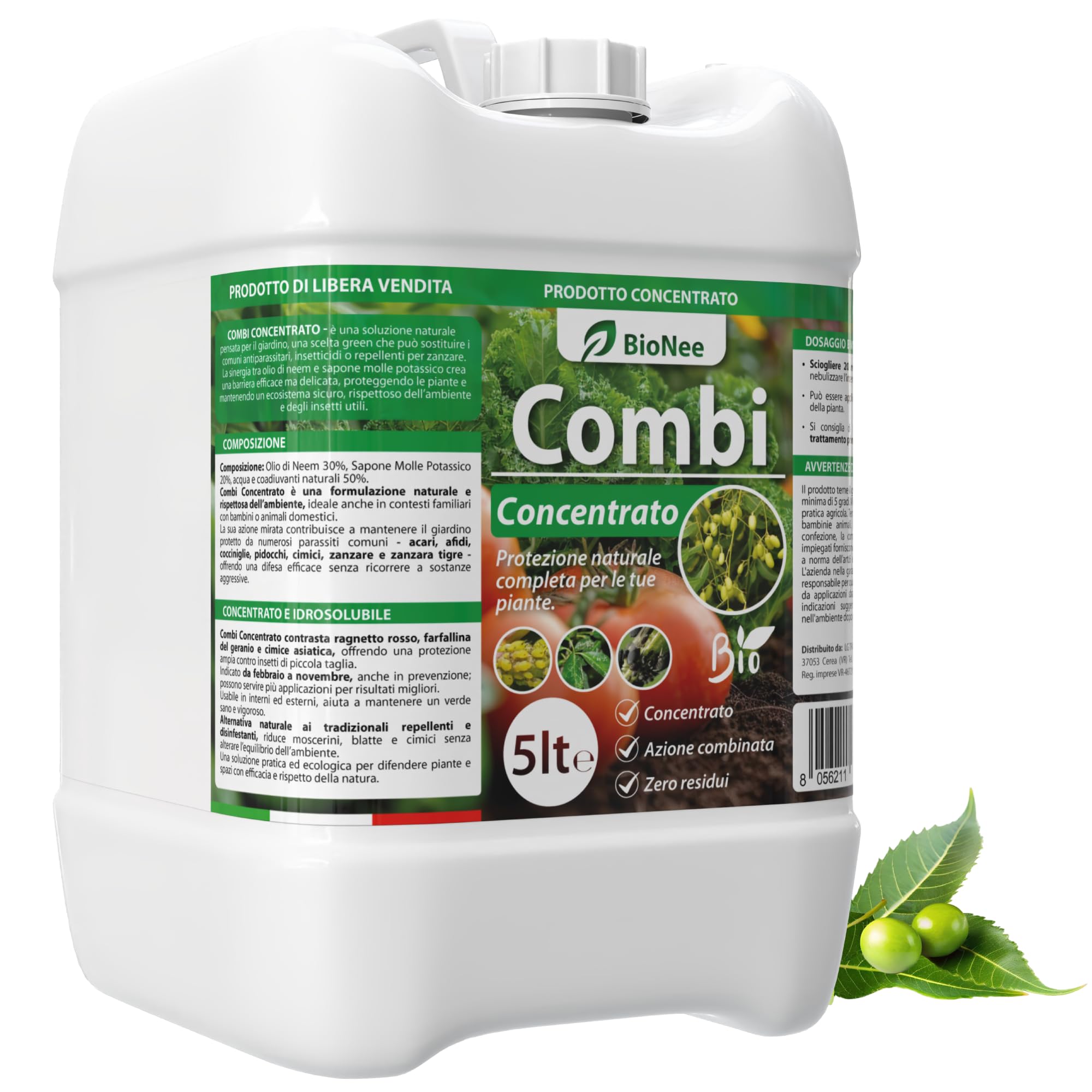 Combi Concentrato BioNee – Trattamento Naturale per Piante con Olio di Neem + Sapone Molle | Contra Afidi, Cocciniglie, Acari, Parassiti | Idrosolubile da Diluire (5 litri)